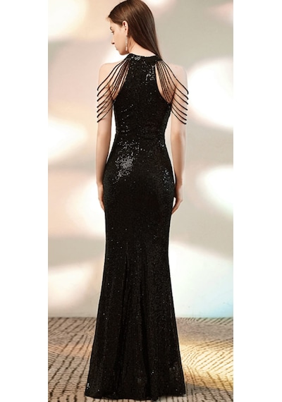 Hanife Glam Couture Hanife Glam Halter Yaka Taş Tasarımlı Pul Payet Abiye Elbise Siyah