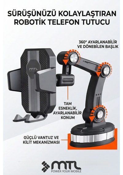 Robot Kollu Çok Eklemli Araç İçi Telefon Tutucu Süper Güçlü Vakumlu Dayanklı Otomatik Kilitli 360