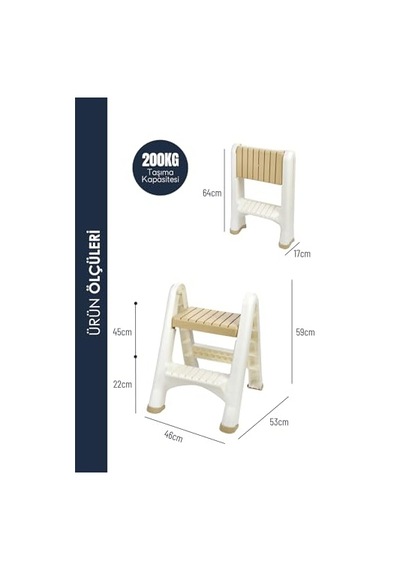 2 Katlı Katlanır Merdiven Tabure, Kaydırmaz Tabanlı, 200 Kg Kapasiteli Krem