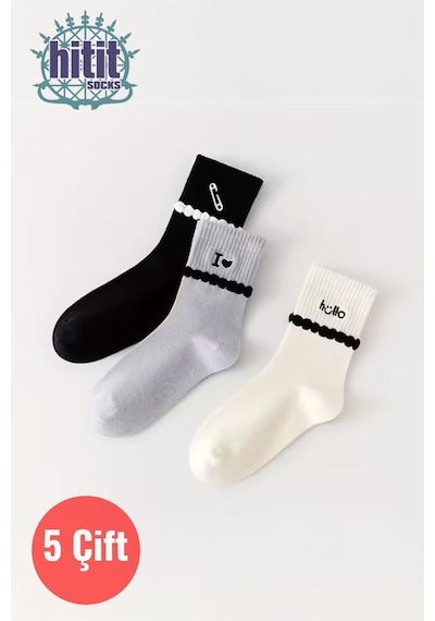 Hitit Socks Kadın 5 Çift Premium Kalite Şerit Kabartmalı Ataç Hello Love ... Çok Renkli