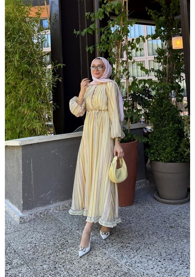 Riella Butik Nelia Düğme Detaylı Balon Kol Tesettür Elbise Sarı