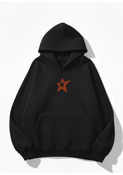 Uyguntarz Unisex Yumuşak Dokulu Kırmızı Yıldız Baskılı Tasarım Oversize 3 İplik Hoodie Sweatshirt siyah