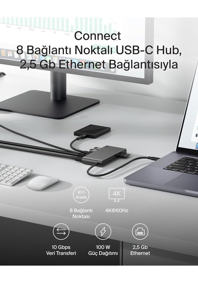 Connect 8 Portlu Usb-c Hub, 4k 60hz E Kadar Çözünürlükleri Destekleyen Ekran Uyumu, Mac, Window
