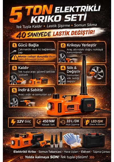 5 Ton Elektrikli Kriko Seti 12v, 3 Ü 1 Arada Hidrolik Araç Krikosu Somun Sıkma Tabancası Hava K