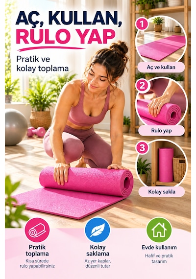 Pembe Pilates Yoga Matı Dokulu Egzersiz Fitness Minderi Evde Spor Ve Esneme Minderi 170x56 Cm 8 Mm Çok Renkli