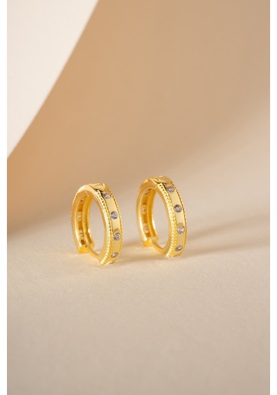 925 Ayar Gümüş Gold Kaplama Sıralı Zirkon Taşlı 15 Mm Halka Küpe Altın