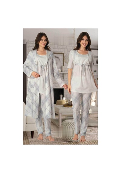 Effort Pijama Kadın Mavi Kolay Emzirme Özellikli Sabahlıklı Lohusa Pijama Takımı 8044 Mavi