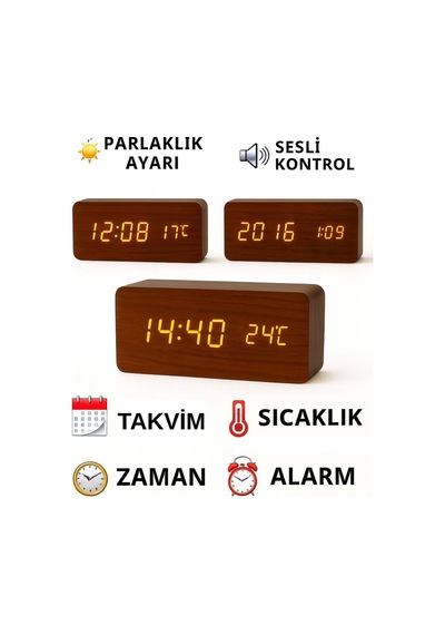 Ahşap Led Dijital Masa Saati Sese Duyarlı,sıcaklık&nem Göstergeli,modern Dekoratif Saat Kahverengi