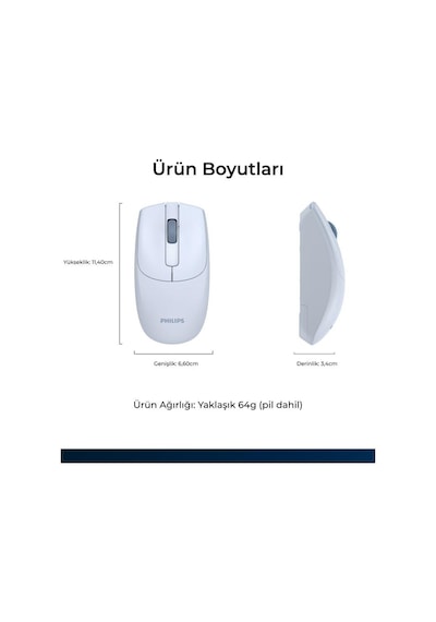 Philips Uyumlu  Spk7398j Kablosuz 1600dpı Sessiz Optik Mouse Açık Mavi Diğer
