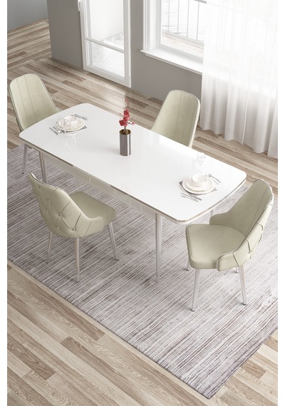 Canisa Tia Serisi 80x132 Açılabilir Mdf Krom Detay Beyaz Masa Takımı Ve 4 Krem Sandalye Masa Beyaz Sandalye Krem Canisa Tia Serisi 80x132 Açılabilir Mdf Krom Detay Beyaz Masa Takımı Ve 4 Krem Sandalye Masa Beyaz Sandalye Krem