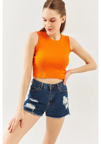 Butikgiz Kadın Sıfır Kol Bisiklet Yaka Vücuda Oturan %100 Pamuklu Kaşkorse Esnek Crop Bluz Turuncu