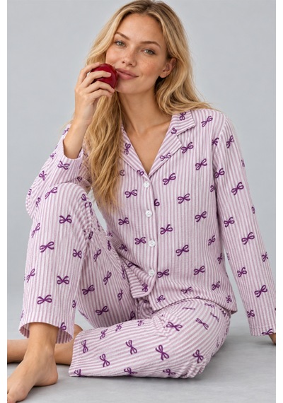 Kadın Gömlek Yaka Desenli İkili Mor Pijama Takımı 4810