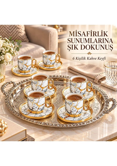 Valkyrie 12 Parça 6 Kişilik 80 Ml Türk Kahvesi Fincan Takımı Gold Mermer Desenli