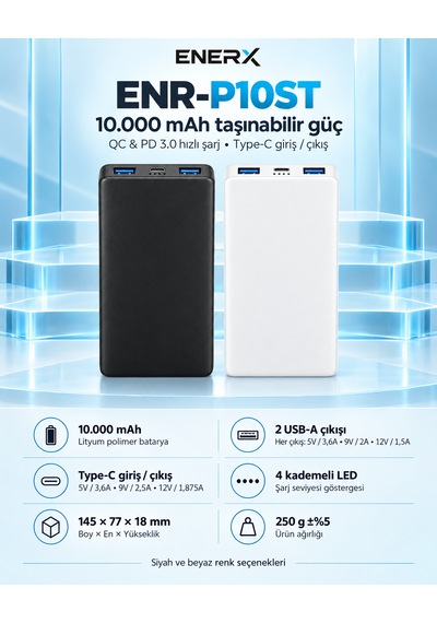 Enerx Enr-p10st 10.000 Mah 22.5w Hızlı Şarj Slim Powerbank Siyah