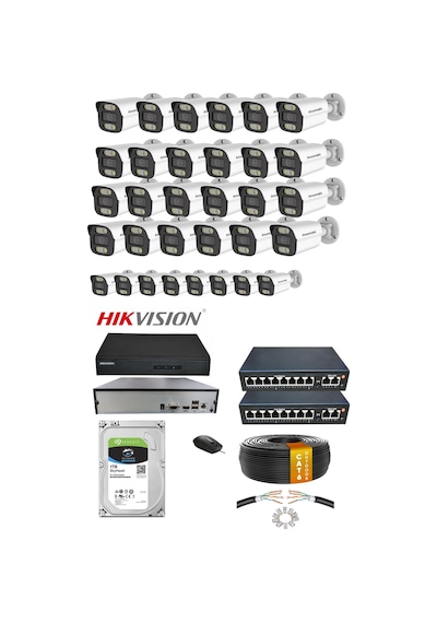 32'li Ip Kamera Seti Poe Hikvision Nvr İç/dış Mekan Gece Görüş Ses Kayıt Mobil İzleme 1tb Hdd Full Set