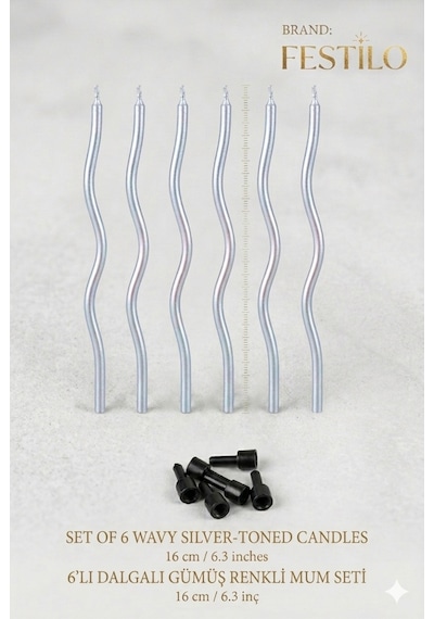 6 Lı Kıvrımlı Mum Gümüş Pasta Süsü Spiral Mum Pasta Mumları 16 Cm