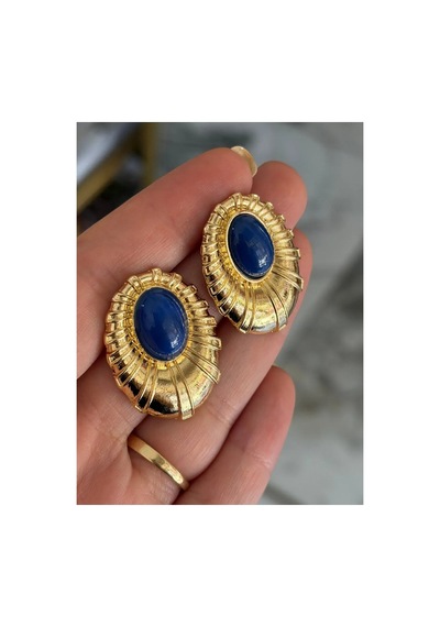 Vintage Model Mavi Taş Ve Gold Çerçeveli Küpe Altın