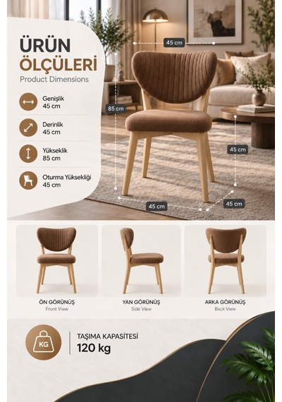 4'lü Mutfak Salon Sandalyesi Modern Kahve Kumaş Elma Sandalye Kahverengi