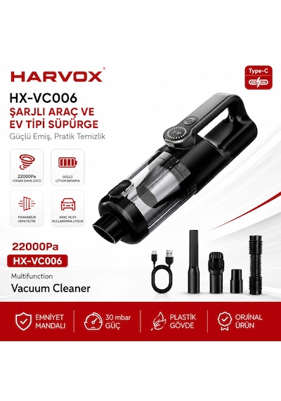 Harvox Hxvc-006 Araç İçi Profesyonel Süpürge 22.000pa Güçlü Vakum Ve Üfleme Süpürge Siyah 22000pa