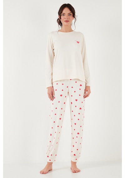 Lela Streç Regular Fit Beli Lastikli Bisiklet Yaka Bayan Pijama Takımı 65714101 Ekru