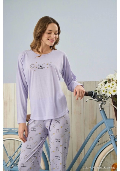 Pijamoni Polyviskon Uzun Kollu Lila Pijama Takımı - 7300 LILA