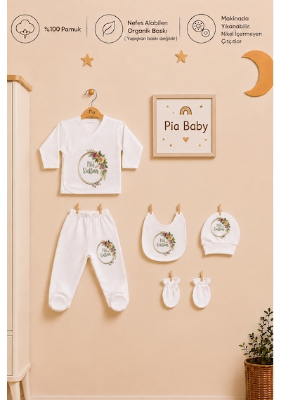 Pia Baby İsimli Kız Bebek Zıbın Seti 5 Parça %100 Pamuk Kişiye Özel Organik Baskı 1094zyx Krem