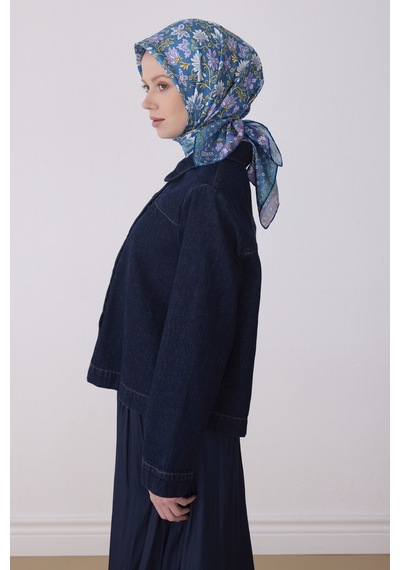 Belli Etnik Desen Saf İpek Twill Eşarp - 2026 İlkbahar-yaz T 4314 Mavi