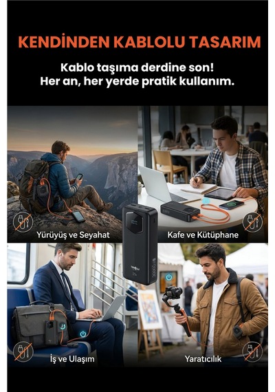 30.000 Mah Hızlı Şarj Powerbank 22.5 W Kendinden Kablolu Göstergeli Taşınabilir Batarya Siyah