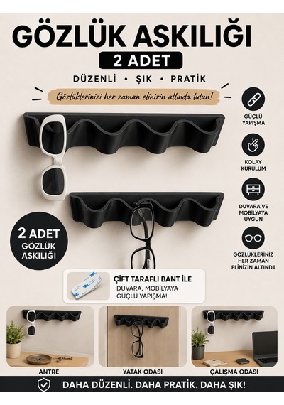 Siyah Yapışkanlı Gözlük Askılığı Duvar Ve Dolap İçi Organizer - 2 Adet
