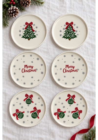 Merry Christmas 6 Lı 20 Cm Stackable Seramik Pasta, Tatlı Ve Servis Tabağı Seti Beyaz