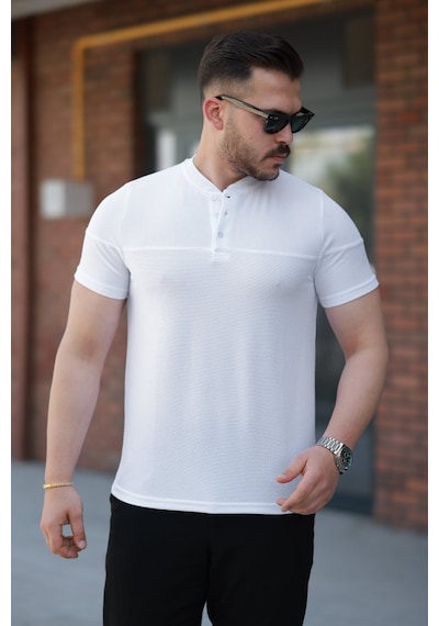 Erkek Hakim Yakalı Kısa Kollu Pamuklu T-shirt Beyaz