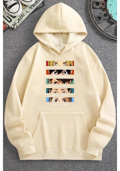 Cosplay Haikyuu Baskılı Sweatshirt Bej