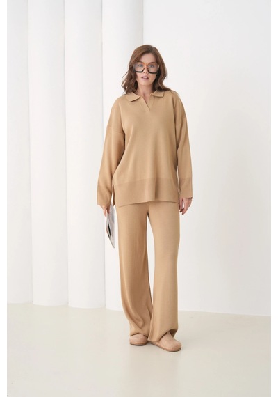 Park Karon Kadın Polo Yaka Yırtmaçlı Oversize Kazak Palazzo Pantolon Triko Alt-üst Takım Camel