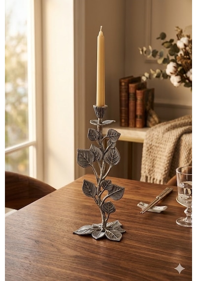 Leaf Candle Holder Nıckel Antıque 16,5x16,5x35,5 Cm 2 Gümüş