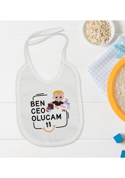 BK Kids Ceo Olucam Tasarımlı Beyaz Bebek Mama Önlüğü-1 Beyaz