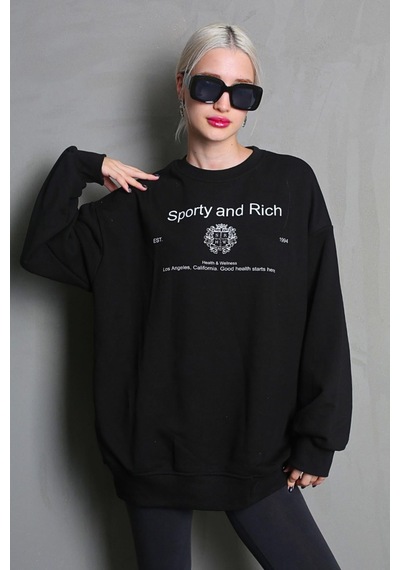 Siyah Bisiklet Yaka Baskılı Oversize Kadın Sweatshirt Mg1577