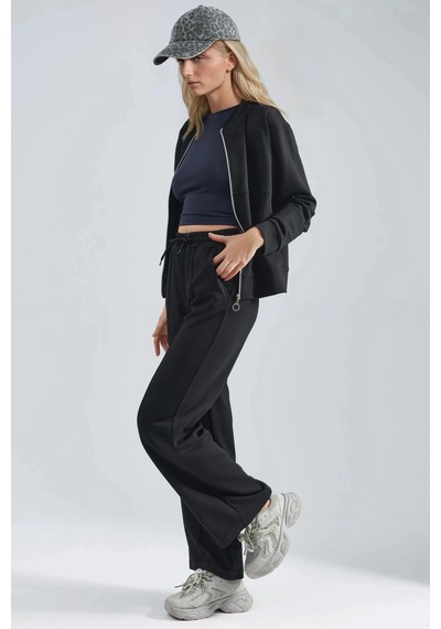 Fiolin Modal Dokulu Fermuarlı Sweatshirt & Nervürlü Pantolon Takımı Siyah