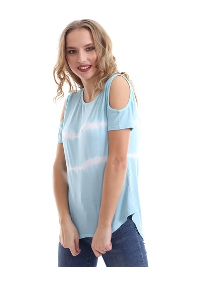 Kadın Omuz Açık Bebek Mavi Batik T-Shirt