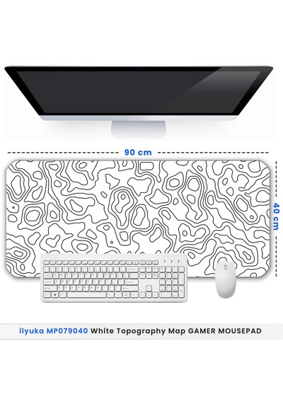 White Topography Map İlyuka Mp079040 Xxl Gaming Mouse Pad 90x40cm