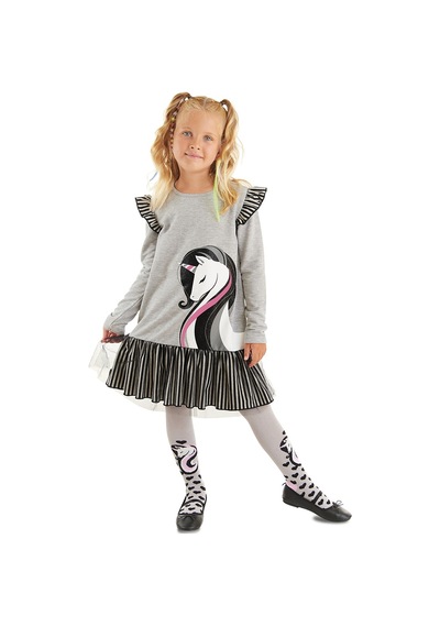 Denokids Zarif Unicorn Gri Kız Çocuk Elbise Gri