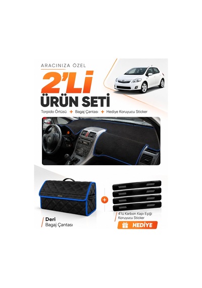 E-biz Toyota Aurıs E150 2006-2012 Uyumlu Torpido Örtüsü + Deri Bagaj Çantası - Siyah-mavi - To005