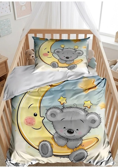 Biçomi %100 Doğal Pamuklu Yenidoğan Bebek Nevresim Takımı Unisex Aydaki Ayıcık Desenli Çok Renkli