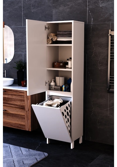Df03110 Çamaşır Sepetli Çok Amaçlı Banyo Dolabı Kapaklı Raflı Kirli Çamaşır Düzenleme Dolabı Beyaz