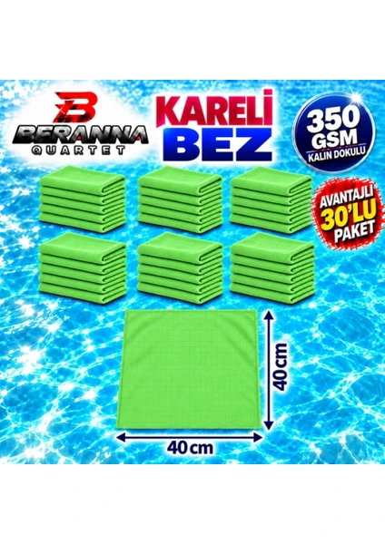 Mikrofiber Kareli Bez Yeşil 40 40 Cm 350 Gsm Kalın Dokulu Avantajlı 30 Lu Paket Beranna Quartet