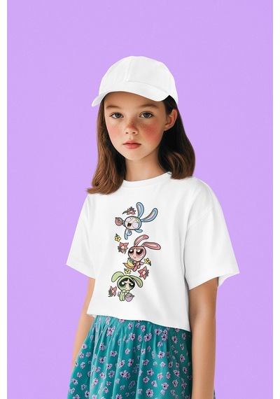 Sevbano Power Puff Girls Baskılı Unisex Çizgi Film Çocuk Tişört 1-12 Yaş Beyaz