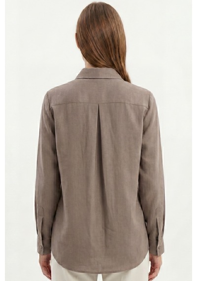Goffra Kadın Gia %100 Doğal Keten Gömlek - Klasik Yaka Basic Minimalist Tasarım Kahverengi W207-k0401-02