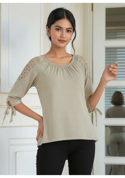 Mamayaga Kadın Bisiket Yaka Truvakar Kol Omuz Ve Kol Güpür Taşlı Tasarım Detay Yazlık Tshirt Bluz Çağla Mamayaga Kadın Bisiket Yaka Truvakar Kol Omuz Ve Kol Güpür Taşlı Tasarım Detay Yazlık Tshirt Bluz Çağla