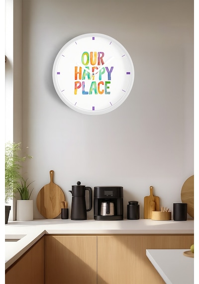 Modern Yazılı Tasarım - '' Our Happy Place '' Duvar Saati - 30cm - Önü Camlı Beyaz Kasa Beyaz