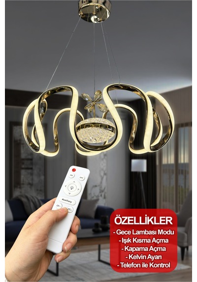 Eliza Tek Toplu Modern Yüksek Işık Gücü Ithal 3 Renk Kumandalı Led Avize Gold Kumandalı