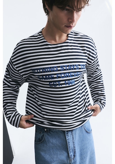 Vamos Oversize Çizgili Sweatshirt Ekru-siyah